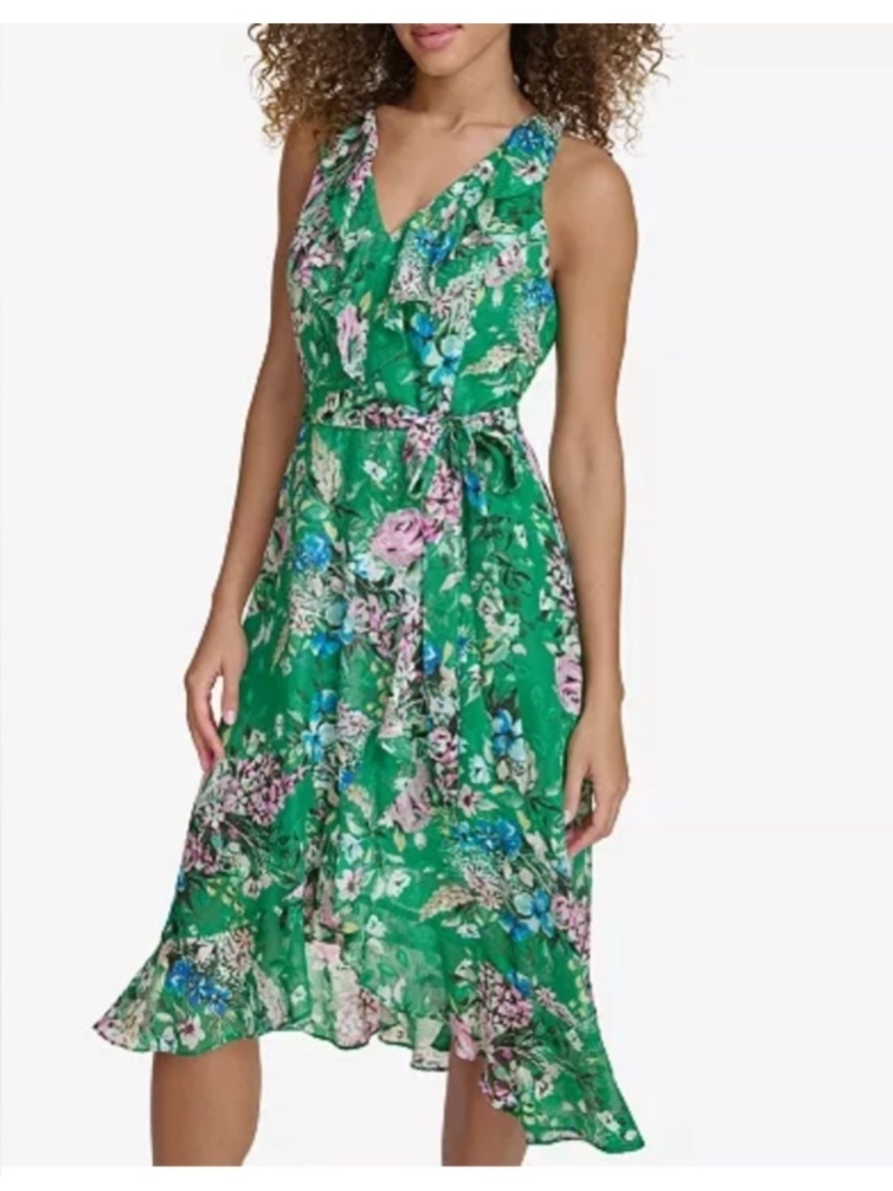 Kensie Dress Midi Length Ruffle Detail Belted Sleeveless Green Pink Floral Print